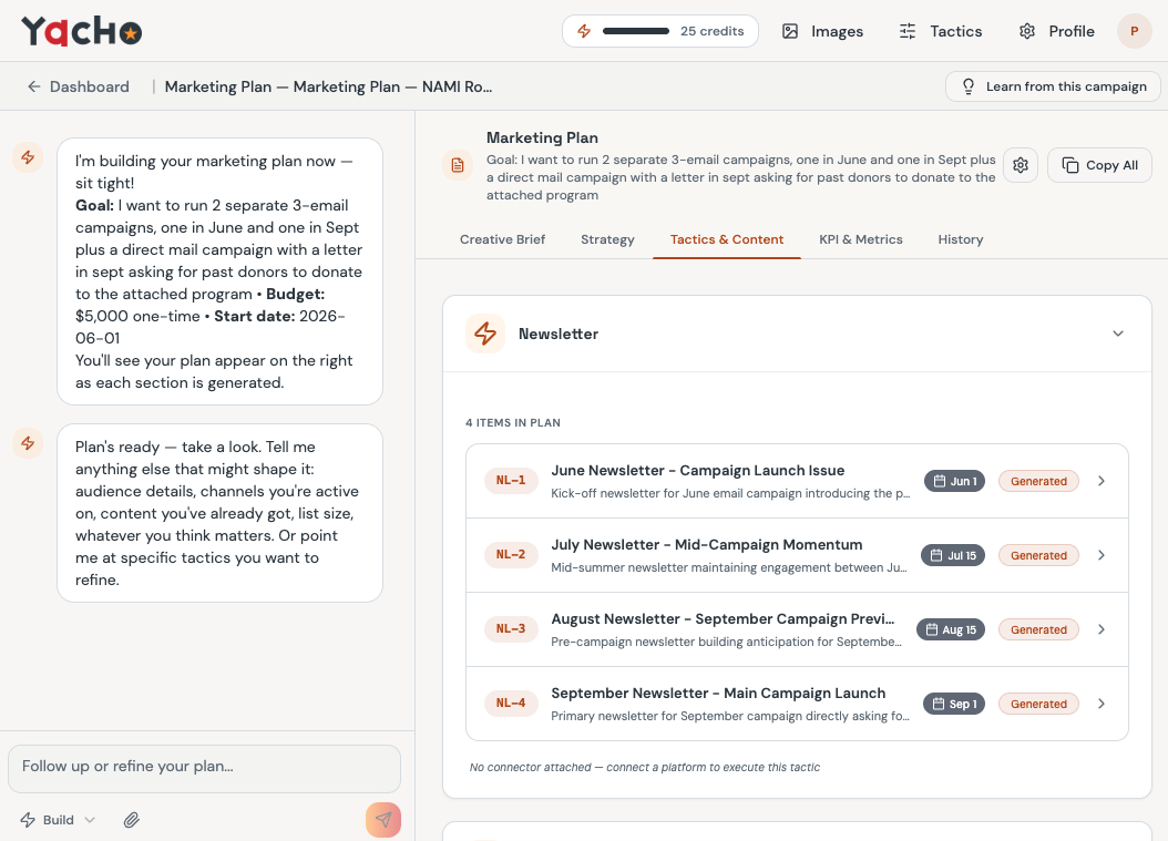 Yacho marketing plan workspace showing a generated email campaign with newsletter tactics